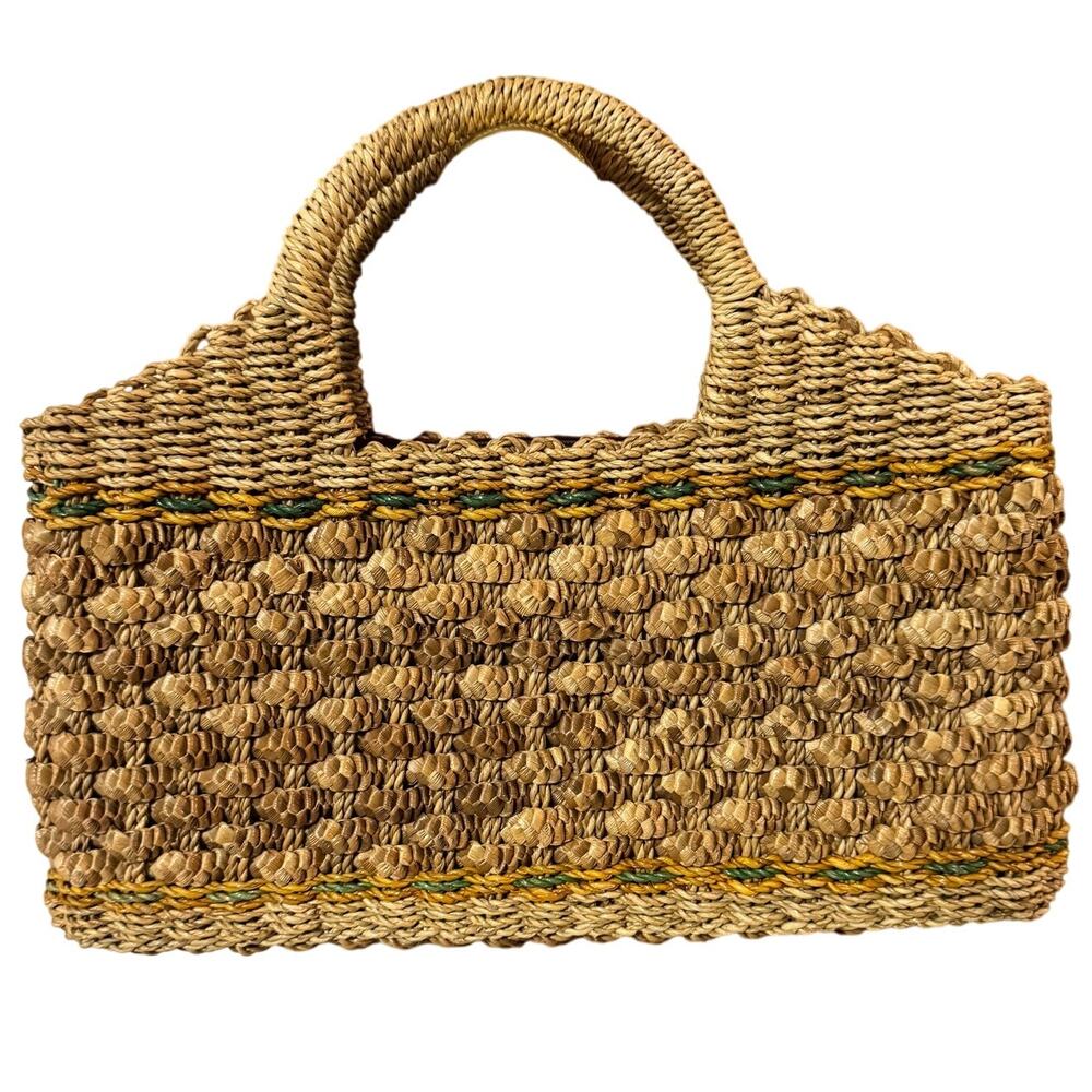 Vintage Boho Textured Bumps Woven Wicker Tan Top Handle HandBag Purse Grandma